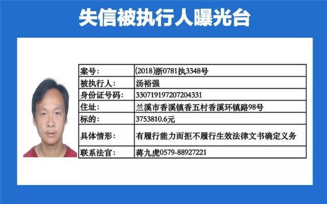 兰溪市最新失信人员名单曝光。